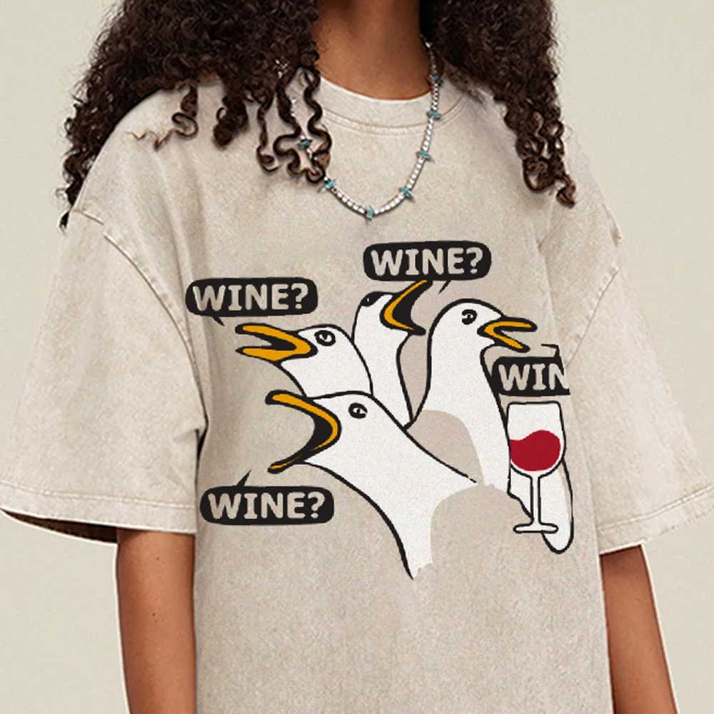 

Cartoon Goose Print Women's T-Shirt Funny Cute Round Neck Washed Short Sleeve Summer 2025 New Fashion Cotton Comfortable Top
