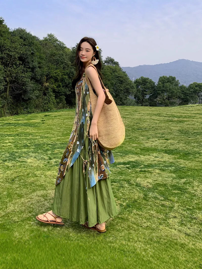 بوهيميا عطلة الشاطئ نمط الأخضر عدم انتظام الأزهار طباعة الرسن فساتين للنساء الصيف بلا أكمام ثوب الجنية التنانير الطويلة
