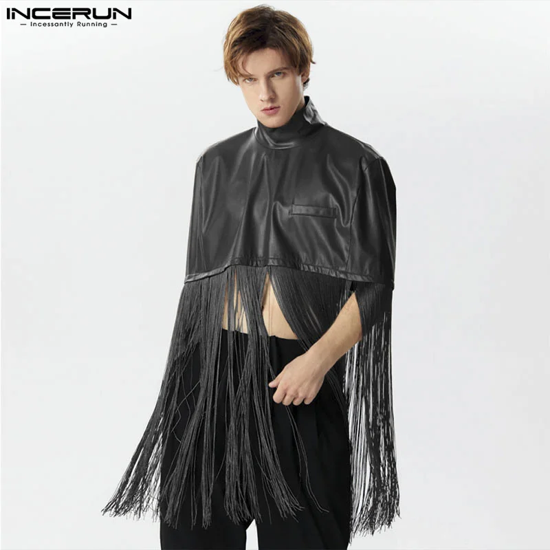 

Casual Style Tops INCERUN New Men's Solid PU Leather Long Tassel Design Trench Personality Male Hot Selling Cropped Cape S-3XL