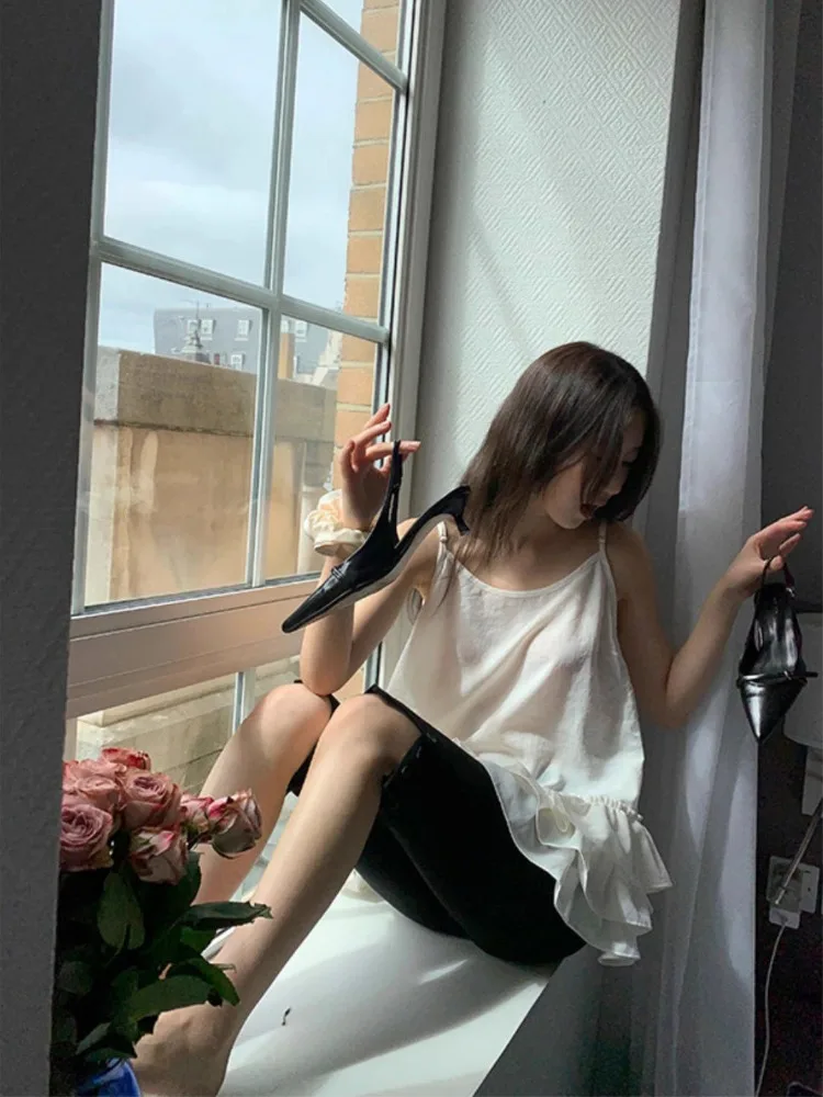 新しい甘いフリルケーキ裾キャミソールトップ夏シンプルな固体薄手のノースリーブトップスイン