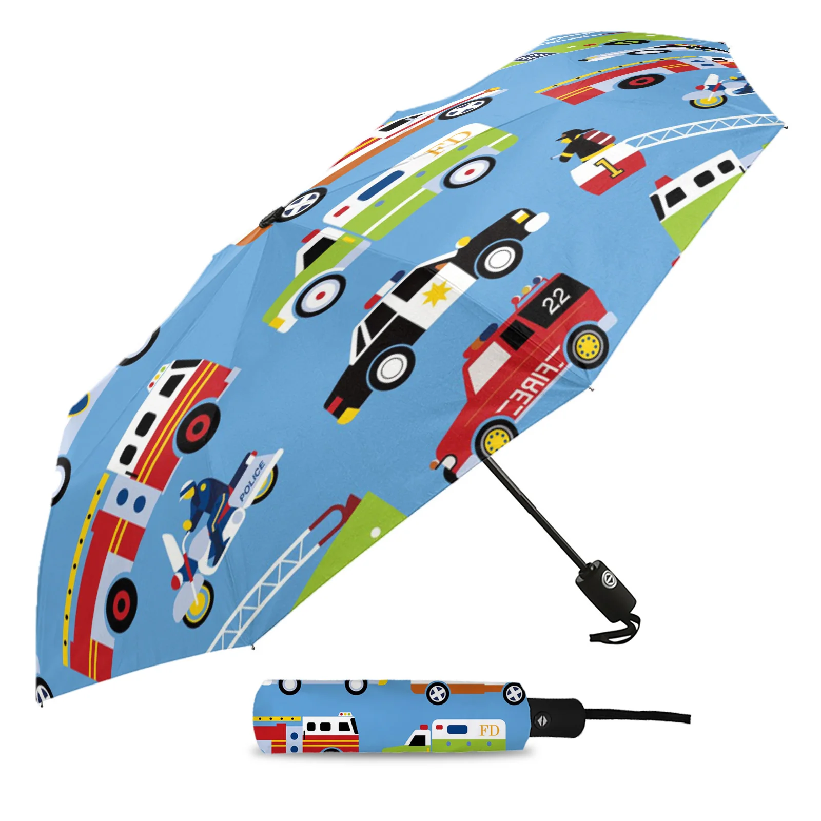 Fire Truck Ambulância Traffic Police Cartoon Outdoor Windproof Chuva Guarda-chuva Totalmente Automático Oito Strand Homens Mulheres Grande Parasol