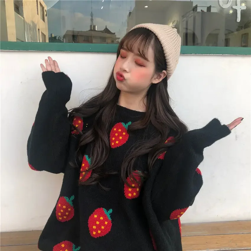 Sweaters Women Kawaii Strawberry Printed Girls Knitted High Quality Warm Thick Soft Sweet  Pullover All-match Loose 2XL HOT