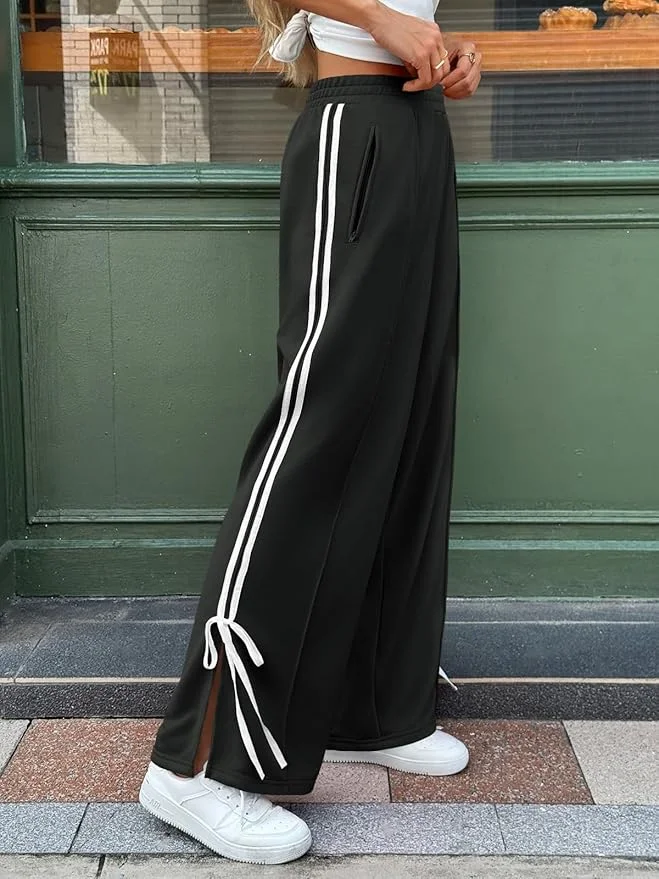 Fisoew Womens Wide Leg Track Pants High Waisted Side Slit Striped Baggy Sweatpants with Pockets