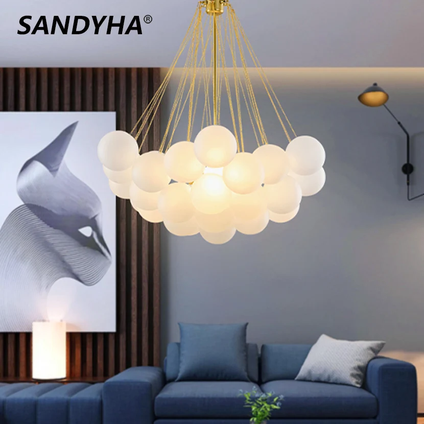 SANDYHA LED Frosted Glass Bubble Ball Pendant Light White Balloon Form Chandelier Luxury Classic Living Room Parlor Hanging Lamp