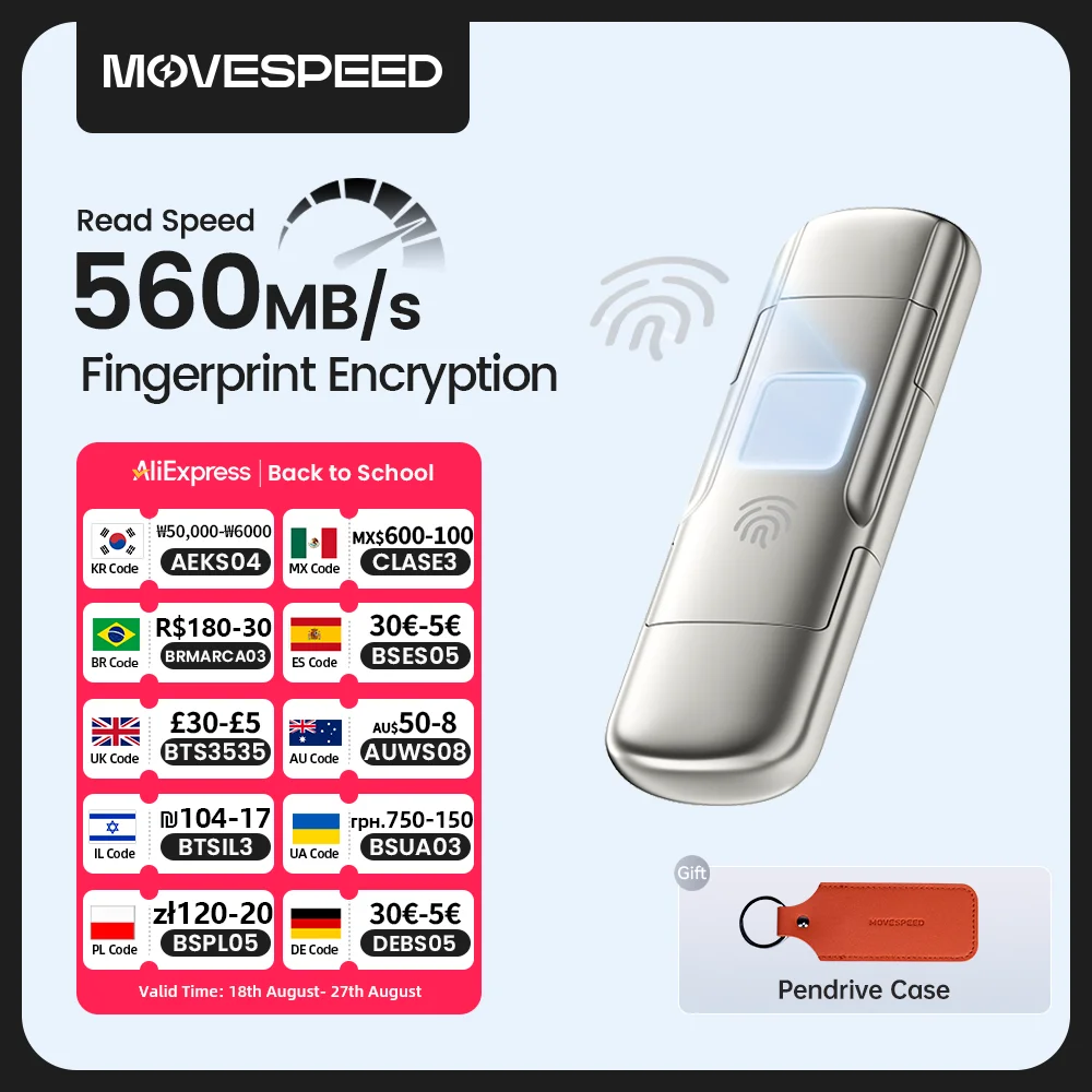 MOVESPEED USB3.2 Solid State Pendrive AES256 & Fingerprint Encryption 520MB/s USB Type C Gen 2 Flash Drive 1TB 512GB 256GB 128GB