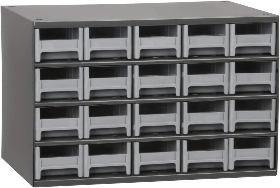 

Small Hardware, Nails, Screws, Bolts, Nuts, and More, 17-Inch W x 11-Inch D x 11-Inch H, 20-Drawer, Gray Cabinet/Gray Drawers