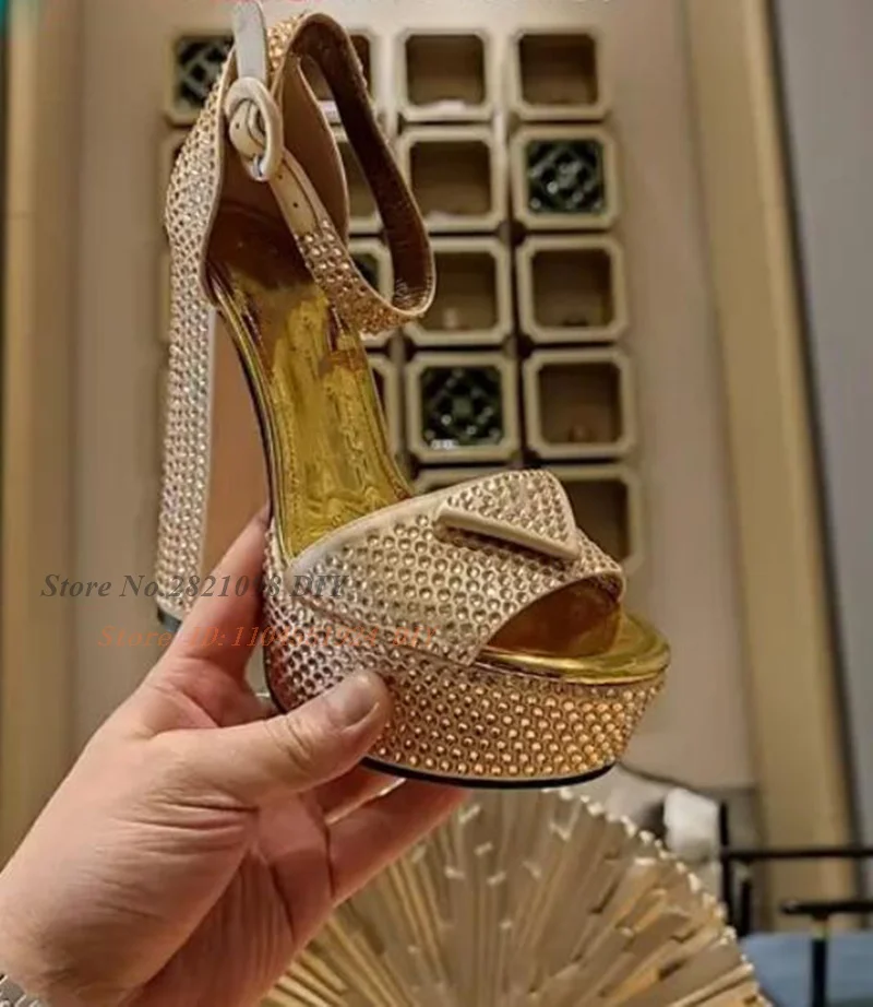 

Crystal Embellished Gold-Tone 135Mm Platform Sandals High Heel Glitter Pumps Women High Heels Chunky Heeled Summer Party Shoes