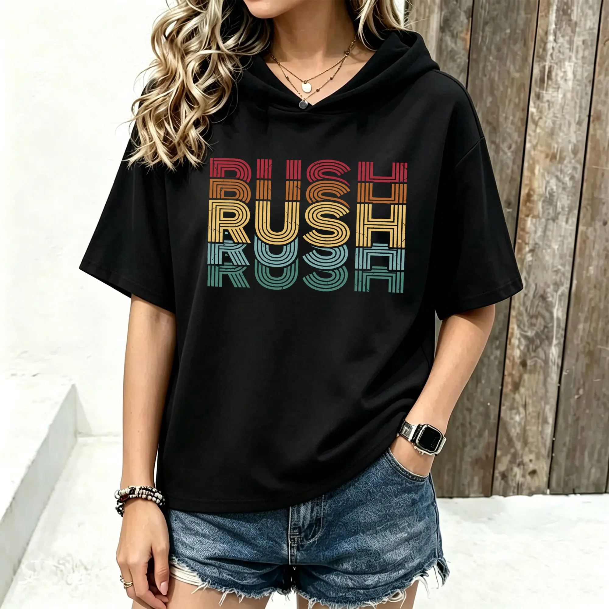 Women Short Sleeve Hooded T‑Shirt Retro Multi‑Color Stacked RUSH Letter Graphic Print Spring Summer Loose Hoodie Tee Streetwear Casual Short Sleeve Hood Tops