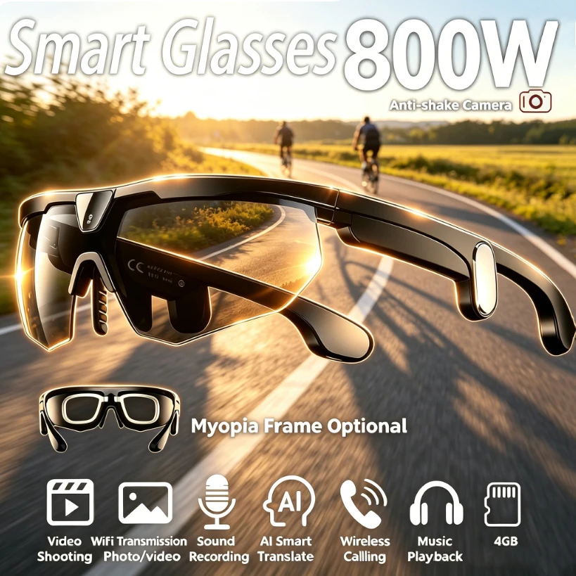 2026 New 32MP Pixel HD Photo Sports Cycling Glasses AI Voice Wake-up AI Translation 8MP HD Camera BT Call Smart Cycling Glasses