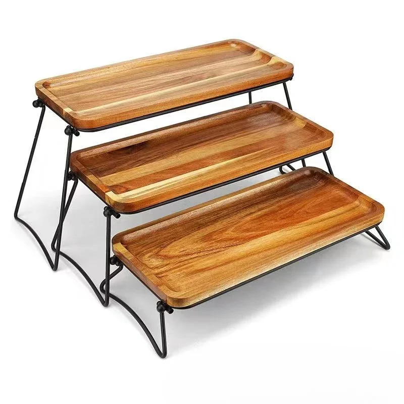 

Acacia wood dinner plate, wrought iron support frame, wooden portable foldable rack, wooden dim sum plate, western dinner