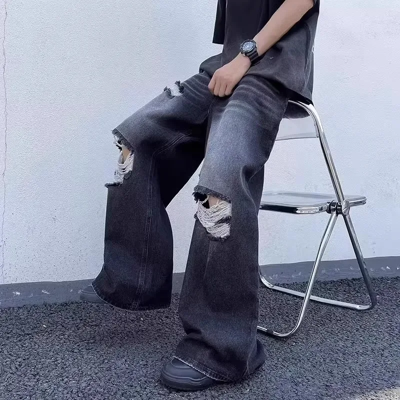 

Очень большие 300-мешочек, черные рваные джинсовые брюки, мужские свободные американские брюки в стиле хип-хоп, уличные широкие длинные брюки, повседневная одежда