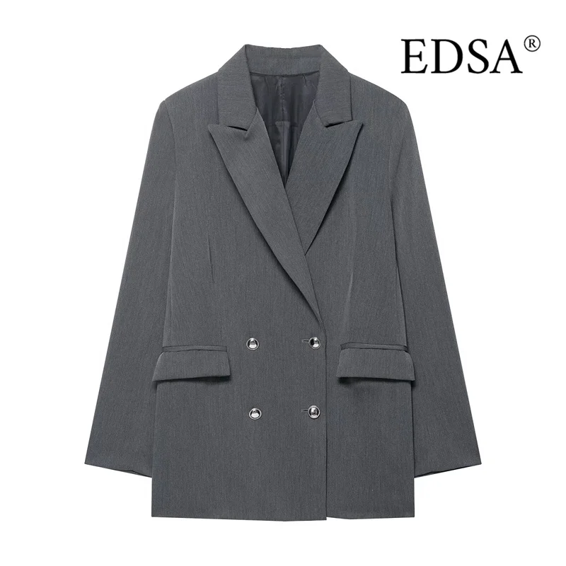 سترة EDSA للسيدات باللون الرمادي مزدوجة الصدر مع جيوب قلابة لمعطف سترة بأكمام طويلة للسيدات في المكتب
