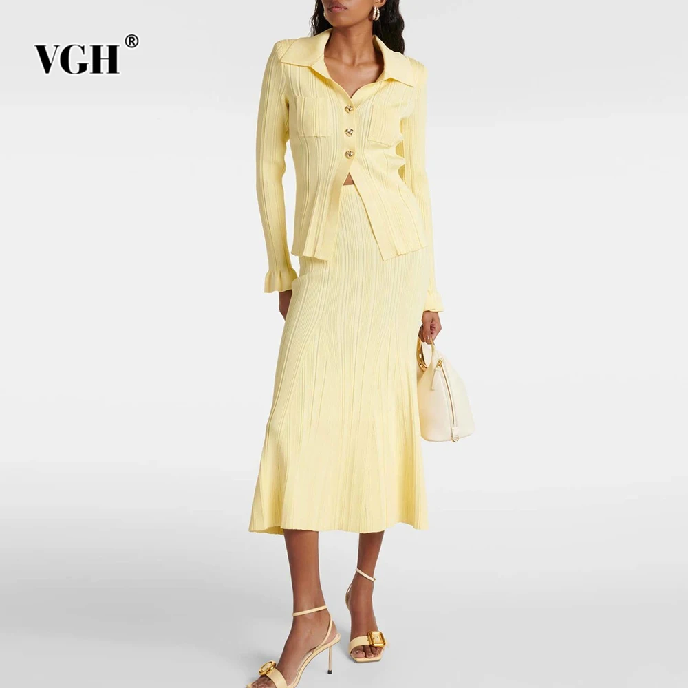

VGH Designer Solid Slimming Two Piece Sets For Women Lapel Long Sleeve Spliced Button Top High Waist Skirt Elegant Set Female