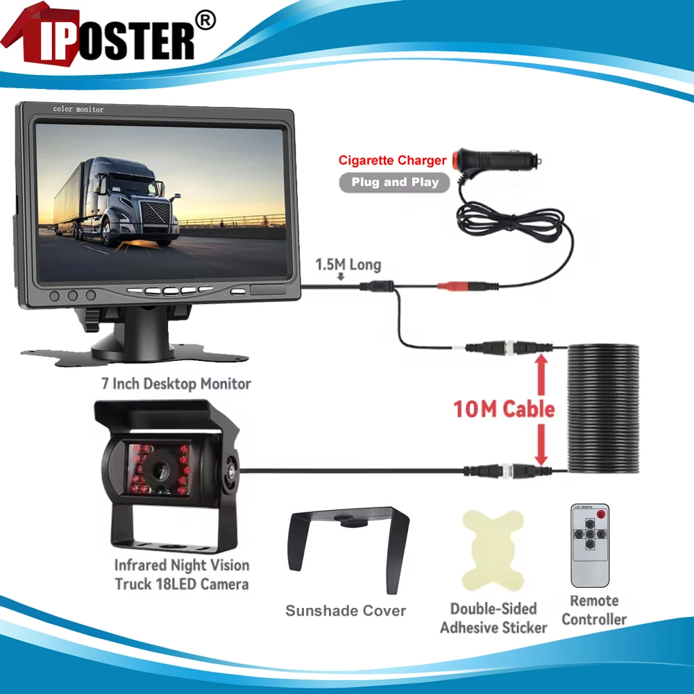 

iPoster Vehicle IR LED Back up Reverse Camera 4-pin Connector 7" LCD Color Rear View Monitor Charger Plug and Play for Truck RV