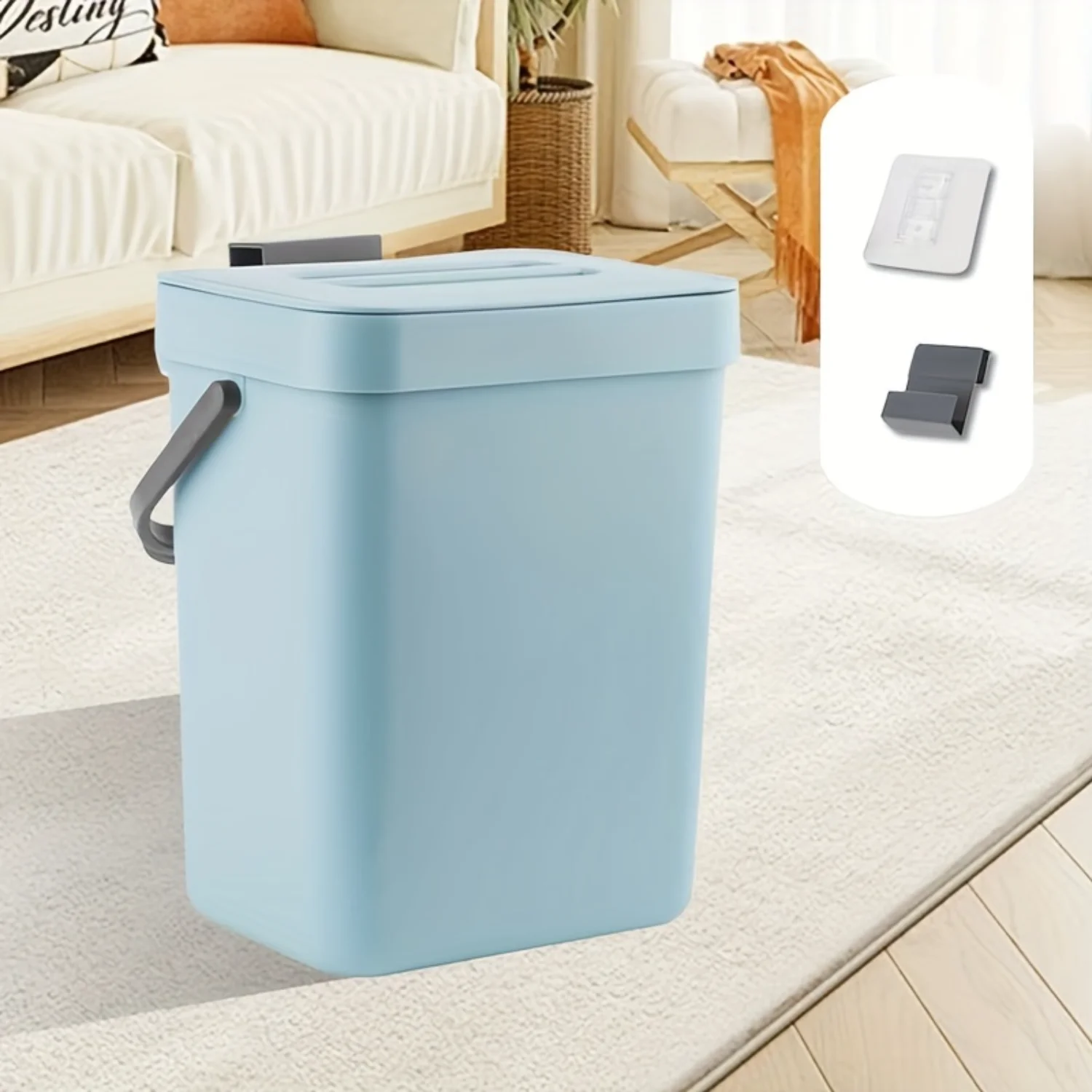 Plastic Compost Bin with Lid, 0.8Gal Capacity, Odor-Free Kitchen Waste Bin, Wall Mounted- Adhesive Tape & Hanging Hook. Versatil