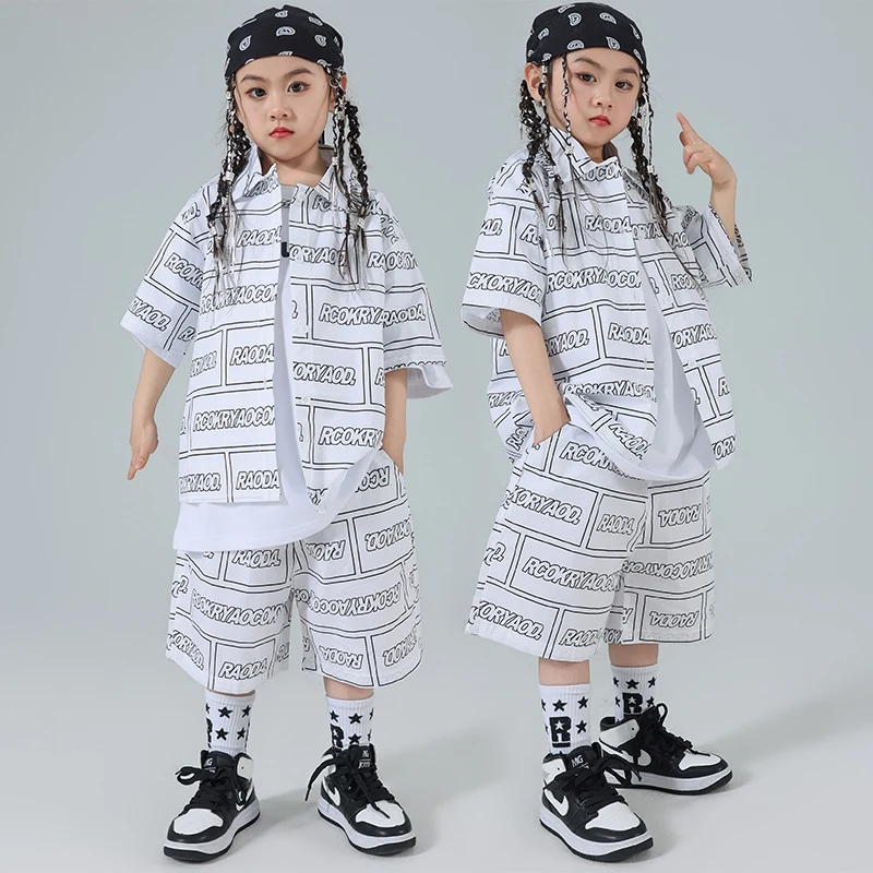 

White Hip Hop Dance Clothes Kids Short Sleeves Shirt Shorts Boys Girls Drum Jazz Dance Costume Summer Sets Rave Outfits BL14484
