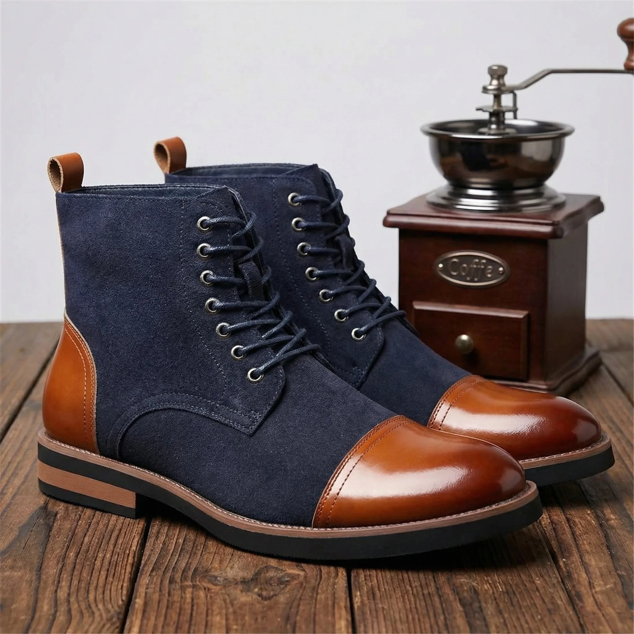QRLQRL Men's Outdoors High Mixed Color Thick Sole Knight Boots Autumn Winter Casual Leather Boots