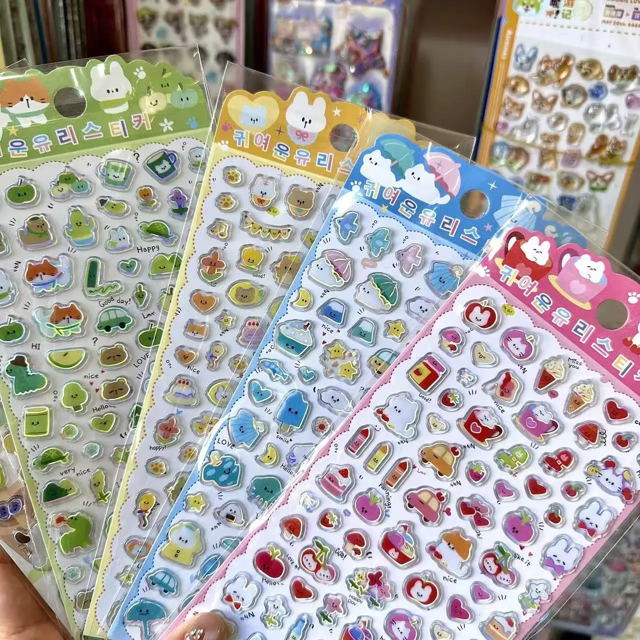 4PC Mix Cute Crystal Candy Stickers Ins Cartoon Holographic 3D Scrapbooking Material Decorative Ins CCD Phone Stickers Cute Gift