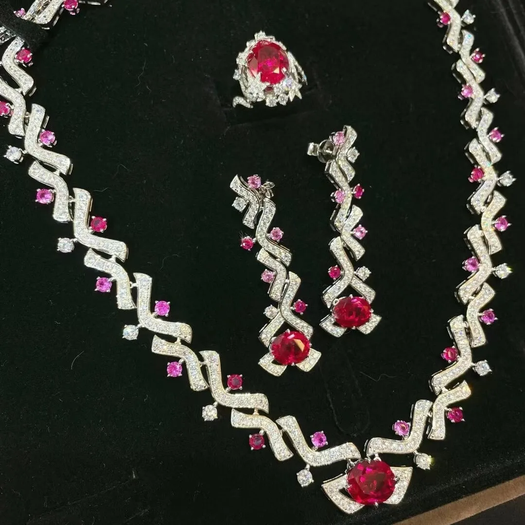Luxury 100% 925 Sterling Silver Sparkling Lab Sapphire Ruby Gemstone Cocktail Party Necklaces Anniversary Gifts Fine Jewelry