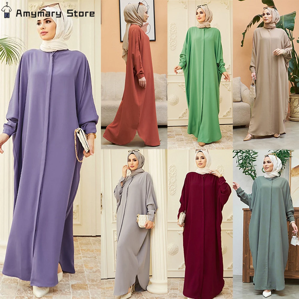 Gamis wanita Muslim, baju gamis kardigan Dubai Islami, baju doa Ramadan warna polos lengan kelelawar