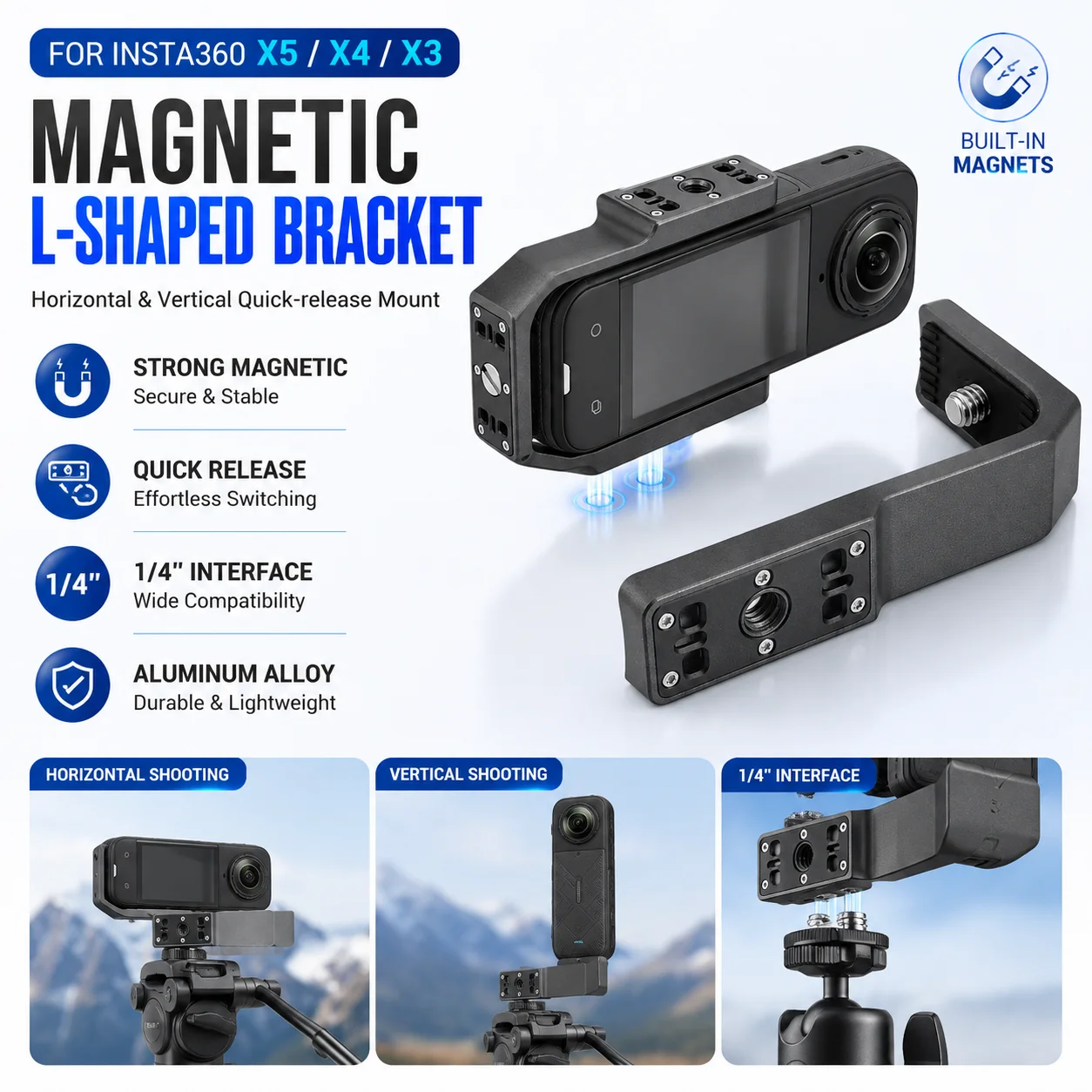 Magnetic L-shaped Bracket for Insta360 X5 X4 X3 Horizontal-vertical Quick-release Mount for Insta360 Accessories 1/4 Interface
