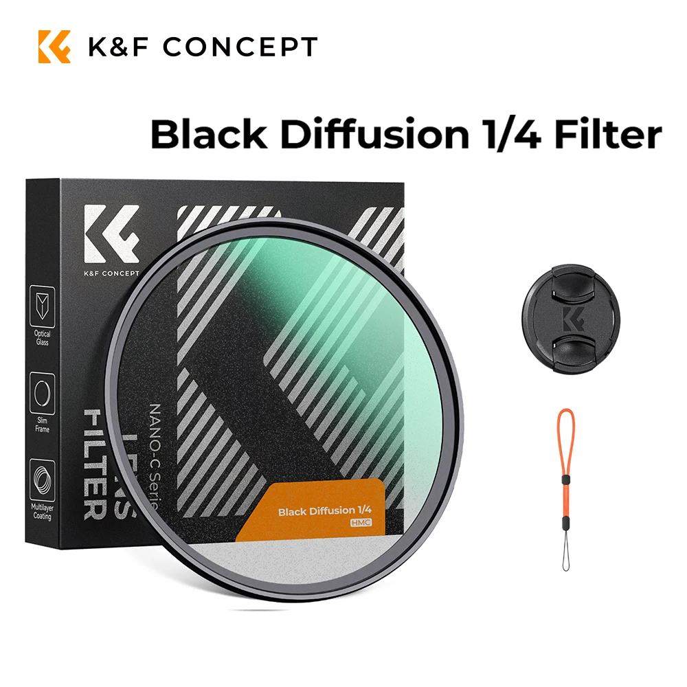 Filtro de Difusão de Névoa Preto Nano-C K&F CONCEPT 1/4 com Tampa de Lente, Filtro de Efeito Cinematográfico de Névoa para Lentes de 49mm-82mm