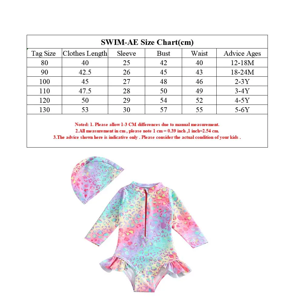 Kids Girls One Piece Swimsuit Gradient Leopard Print Long Sleeve Zipper Bathing Suit with Swim Cap UV Protection Beachwear