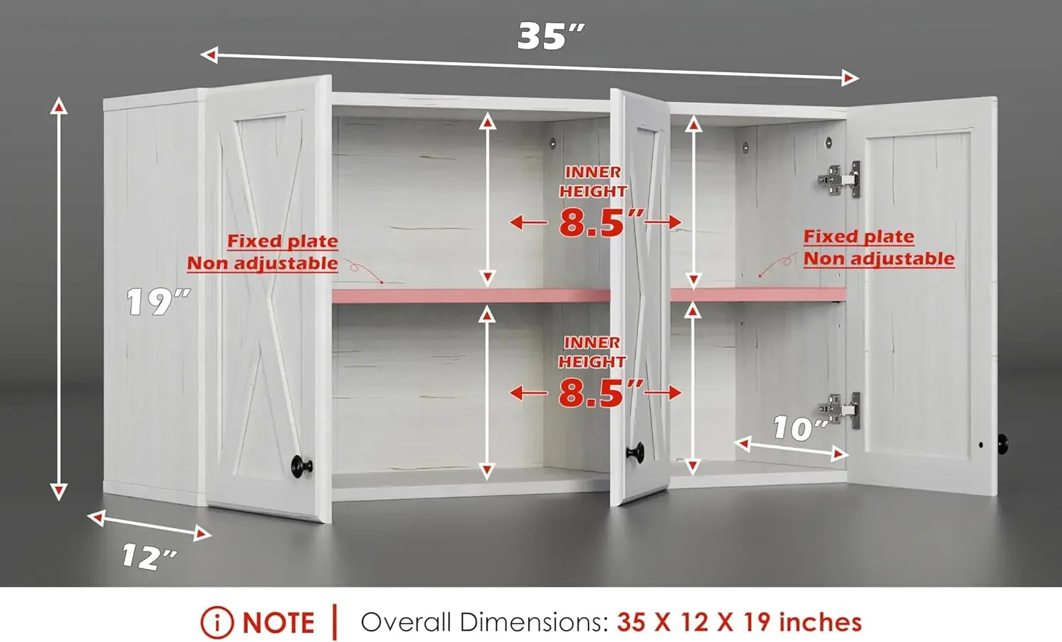 Wall Storage Cabinets - Farmhouse Kitchen Laundry White Wall Mounted Cabinets with 3 Doors and Shelves, 36inch Wide