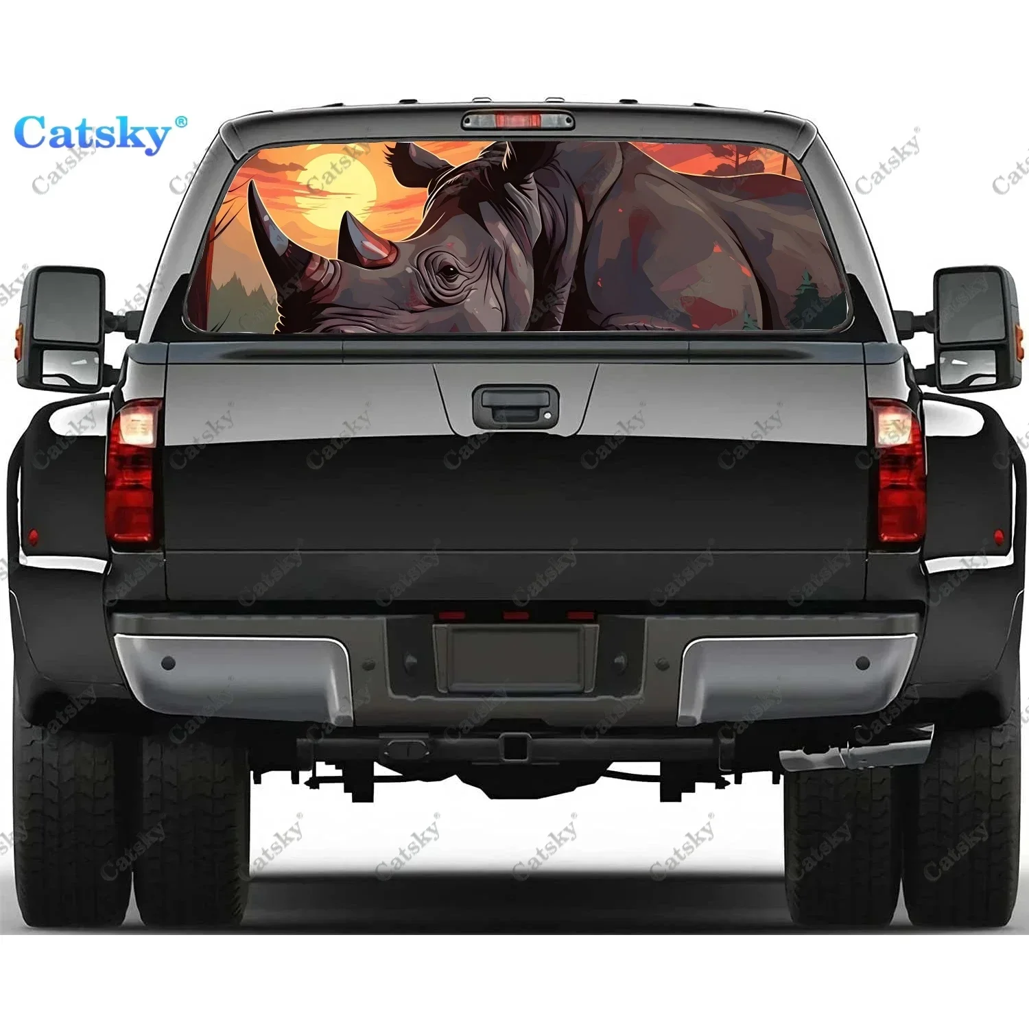 Rhinoceros and African Savana Rear Window Decal Fit Pickup,Truck,Car Universal See Through Perforated Back Windows Vinyl Sticker