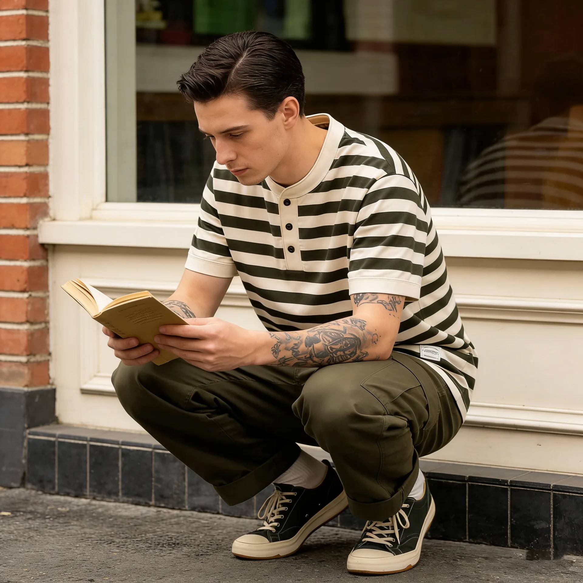American Retro Amikaji 240g Heavy Duty Short Sleeve Striped Henley Neck T-shirt Sleeves Sea God Shirt