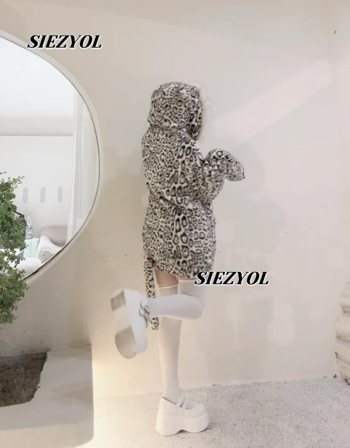 Hooded Winter Clothes Coat Original Design New Sweet Thermal Mink Leopard Print Fashion Versatile Zipper Medium and Long Jacket