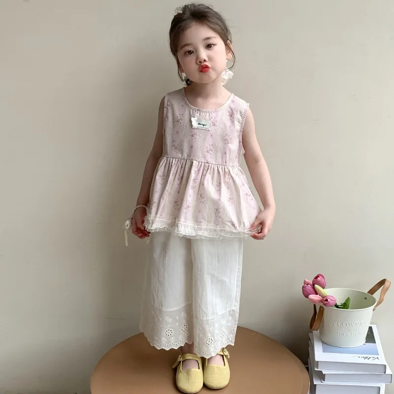 Summer New Girls' Sweet 2026 New Sleeveless Tank Top Set Baby Girl Wide-leg Pants Stylish Two-piece clothing Set