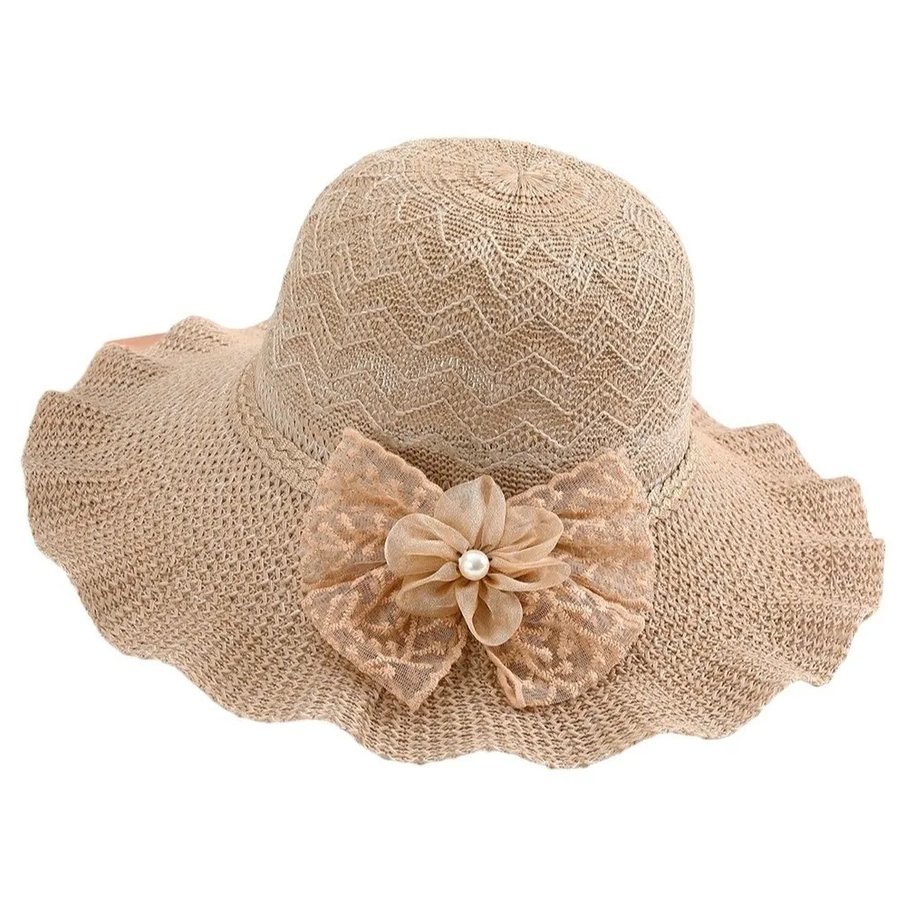 

Fisherman Hat Solid Color Wide Brim Knitted Hat Flower Lace Bow UV Protection Cap Large Brim Breathable Beach Sun Hat Holiday