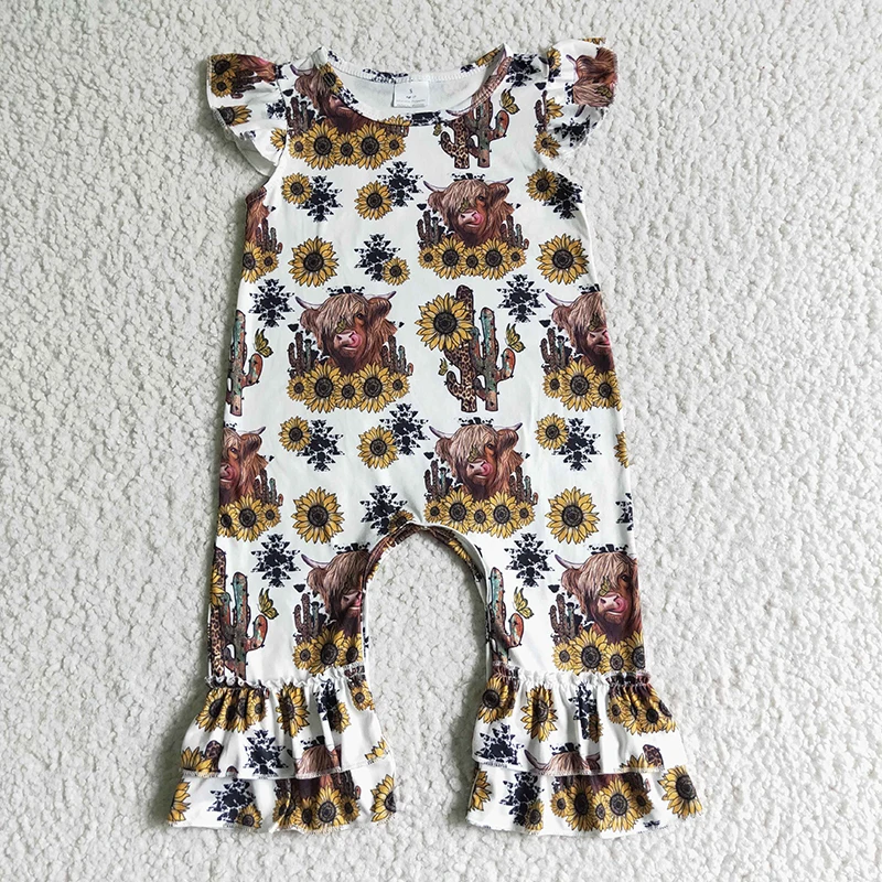 Wholesale Newborn Western Cow Romper Summer Baby Girl Sunflower Clothing Ruffle Jumpsuit Kids Toddler Cactus One-piece Clothes