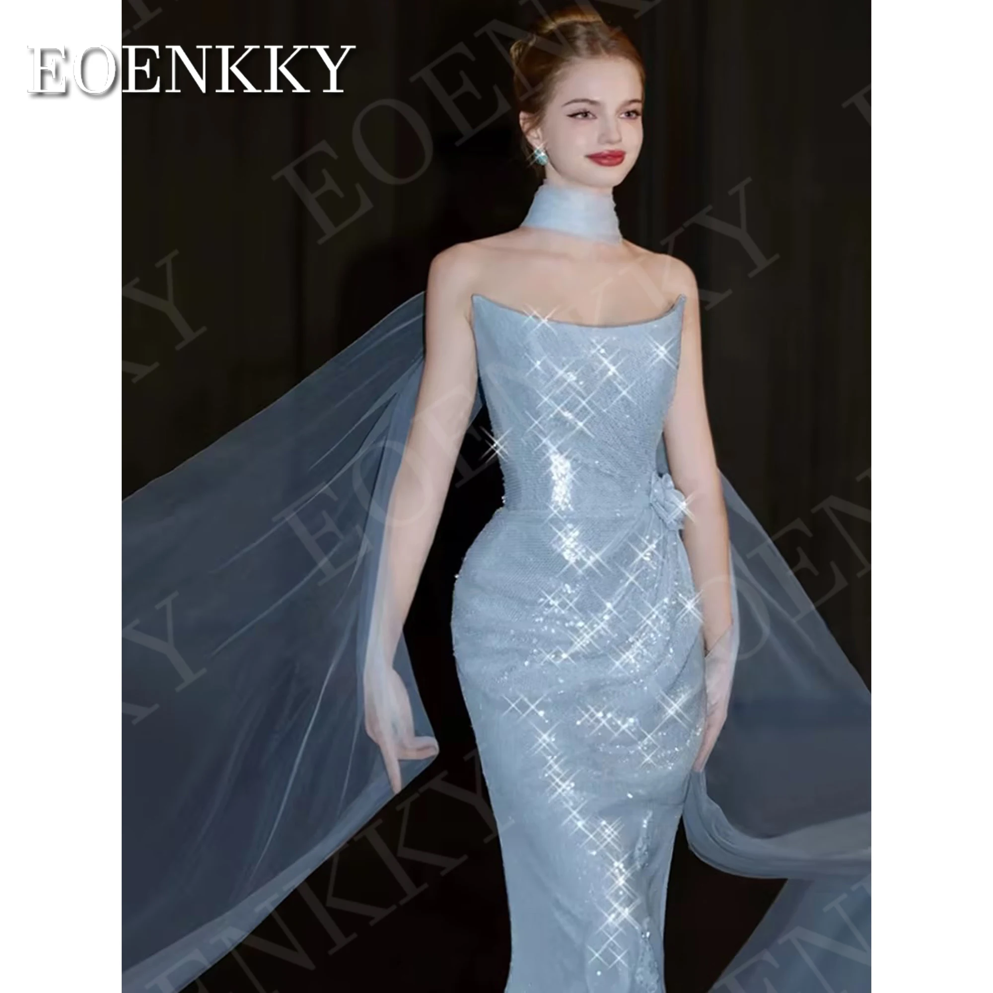 EOENKKY Glitter Mermaid Evening Dress Prom Sparkly Sequin Sleeveless Formal Party Dresses Sky Blue Customized vestidos de fiesta