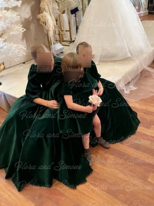 여자아이 파티 드레스 에메랄드 벨벳 플라워 걸 드레스 웨딩용 어린이 하이웨이스트 벌룬 소매 성찬식 무대 의상 맞춤 제작