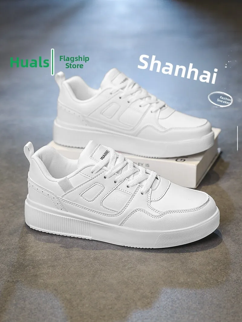 Men's Fashionable Waterproof Leather Sport Shoes Autumn Casual Slip-On Thick Bottom Heightening White Trendy Shoes