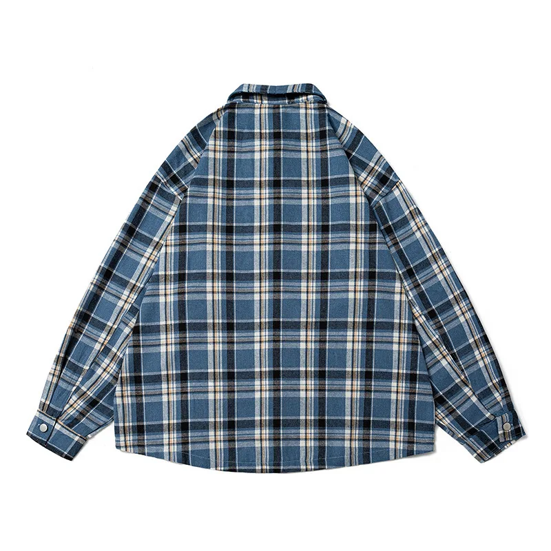 Autumn Men Contrasting Plaid Long Sleeved Shirt Streetwear Letter Embroidery Loose Shirts Tops Spring Harajuku Korean Clothes