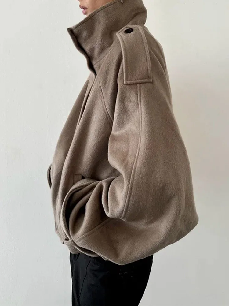 Chaqueta elegante de lana con cuello levantado para mujer, chaquetas holgadas de manga larga con un solo pecho y cremallera, prendas de vestir para Otoño e Invierno 2025