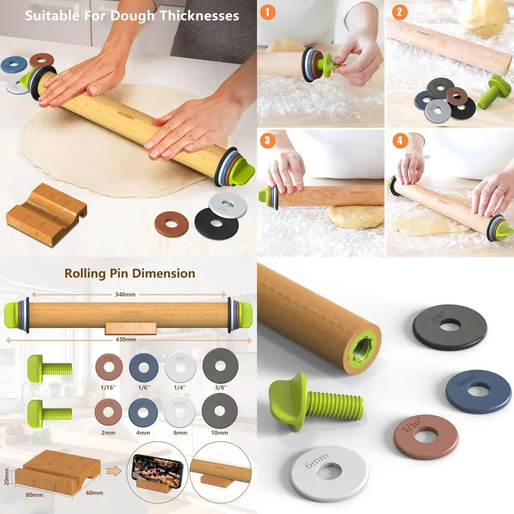 

Скалка регулируемой толщины с 4-цветными кольцами и ковриком для выпечки, 13,6 для теста, помадки, пиццы и кондитерских изделий