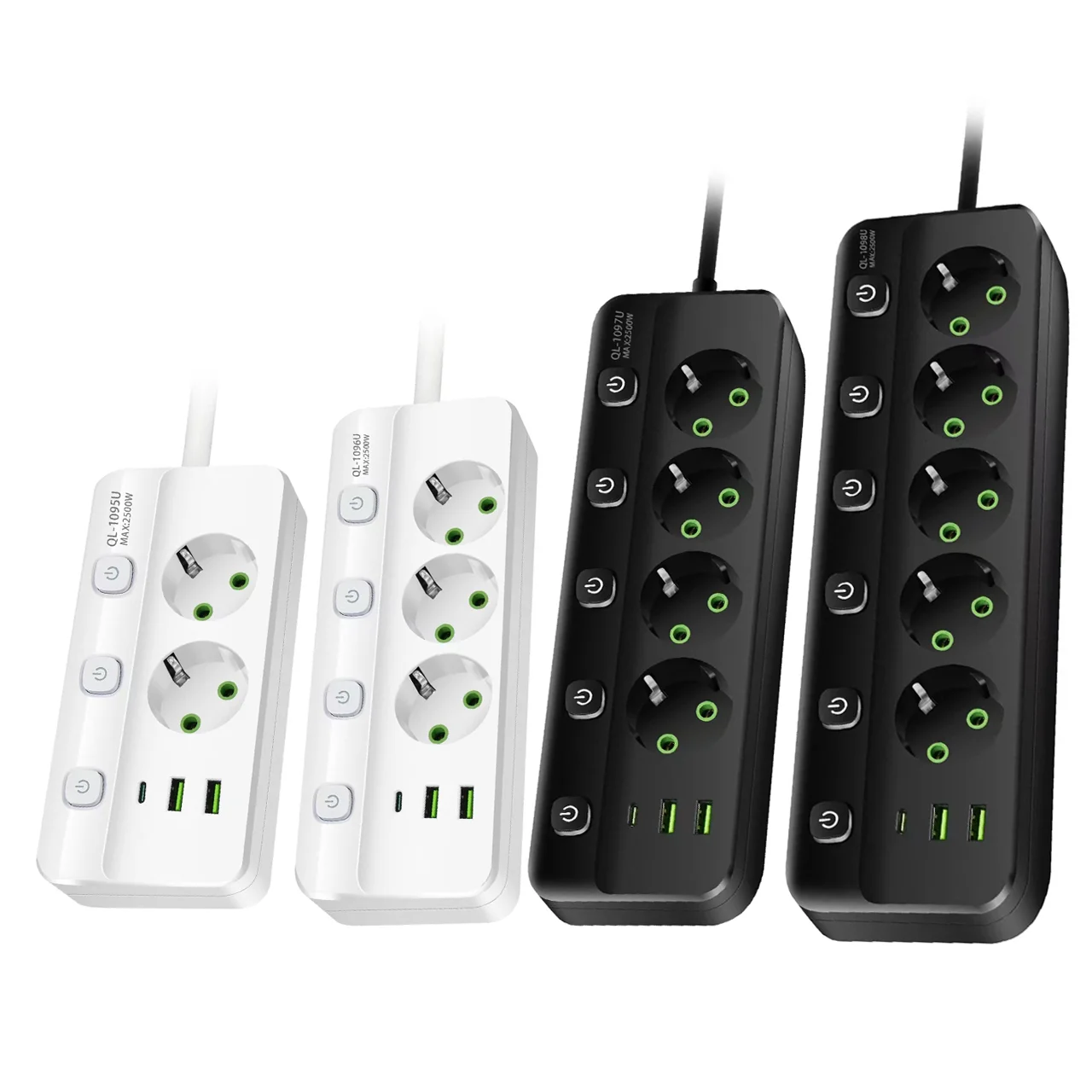 EU Plug Power Strip 2/3/4/5 Position Independent Control Socket with 2 USB 1 Type-C Ports 2m Extension Cord Electrical Sockets
