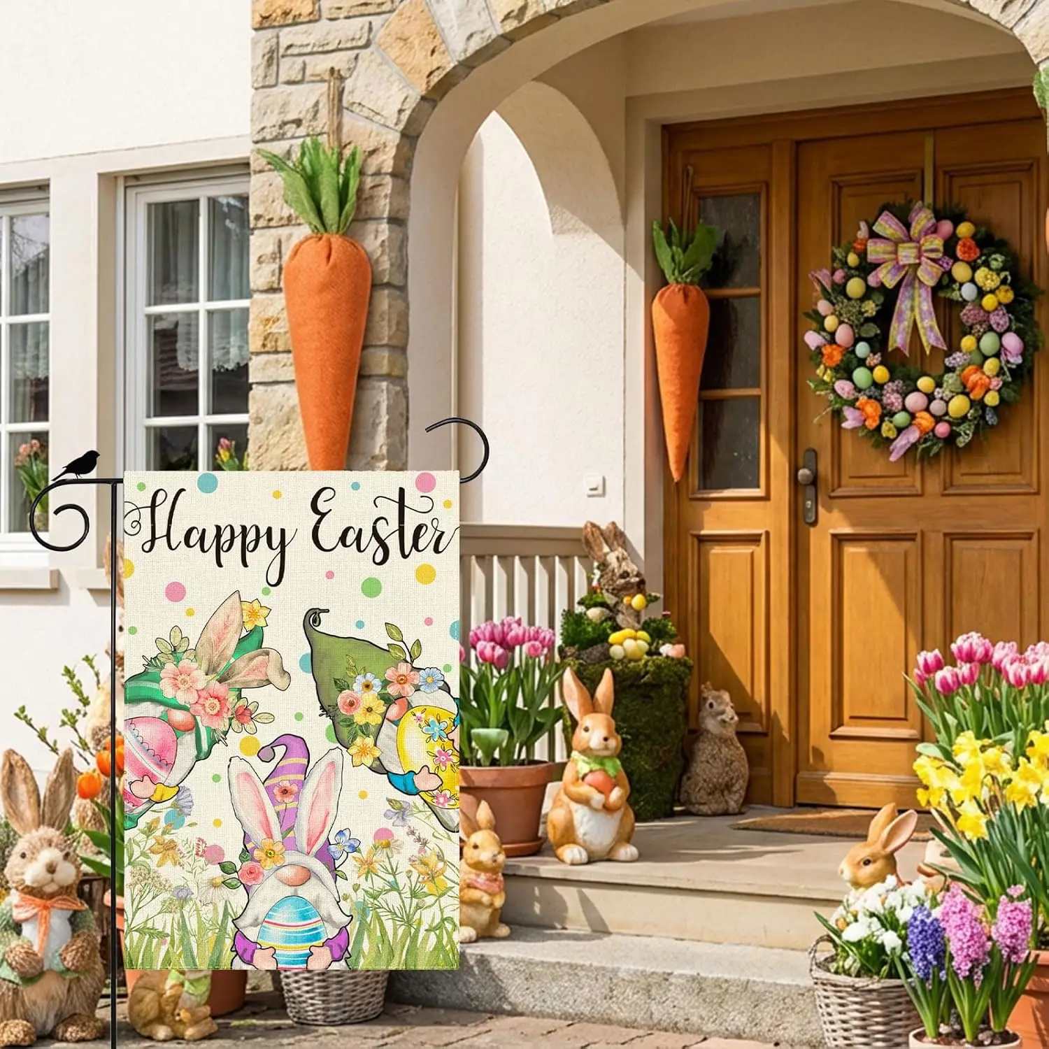 Happy Easter Gnomes Bunny Ears Eggs Flowers Easter Garden Flag 12x18 Inch Double Sided Small Mini Yard Flag Outdoor Outside  IIC
