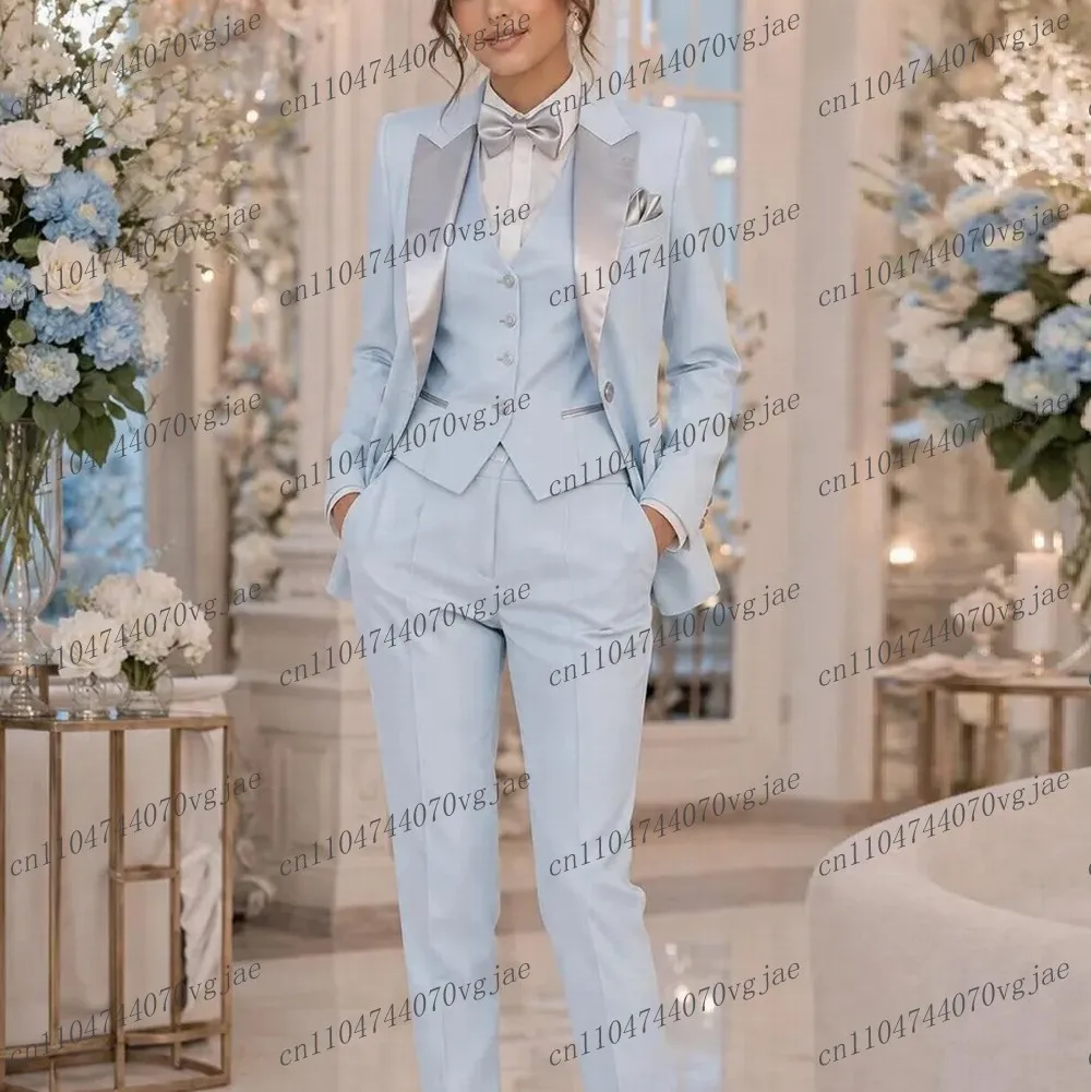 Light Blue Formal Business Women Suit Wedding Party Prom Ladies Mother Girl Tuxedos Costume 3 Piece Set Blazer Vest Pants