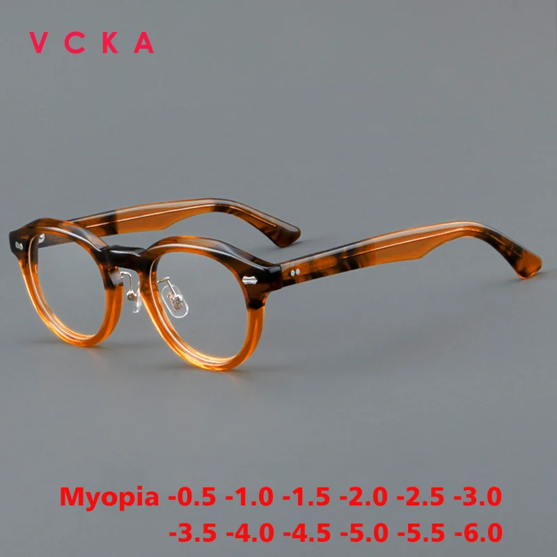 

VCKA Women Luxury Round Vintage Acetate Myopia Men Glasses Frame Optical Prescription Eyeglasses Fashion Eyewear -0.5 TO -6.0