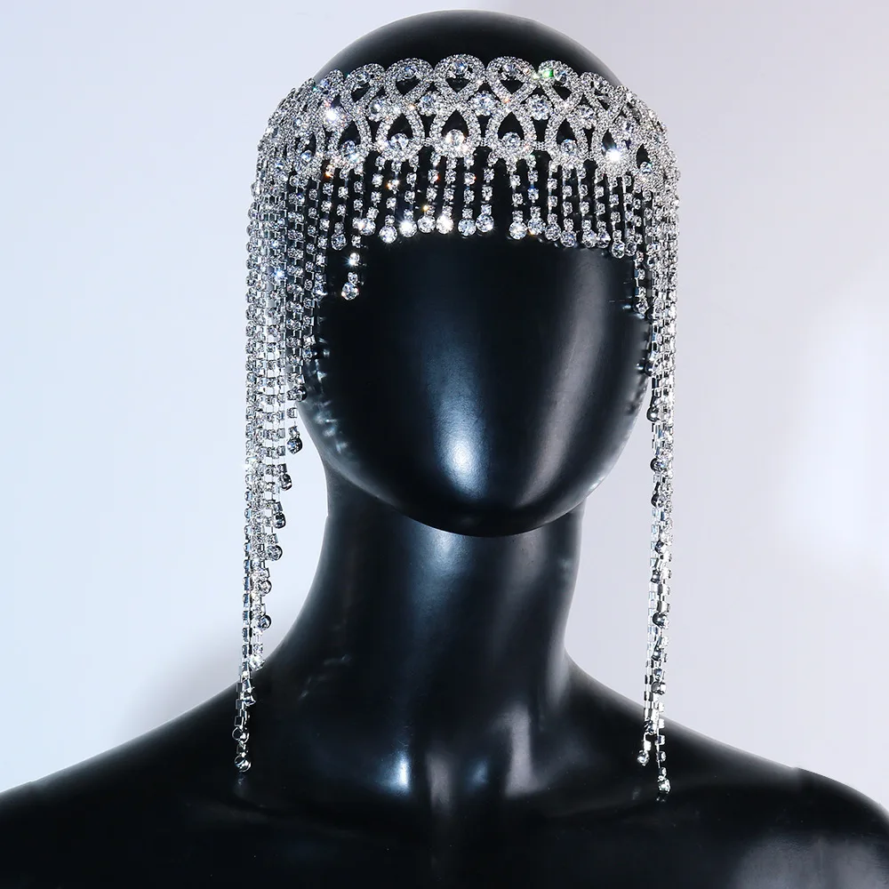 Full Rhinestone Headband para Mulheres, Long Tassel Nupcial Cabelo Bandas, Acessórios para Cabelo, Cabelo Jóias, Tiara Headdress, Novo, Luxo