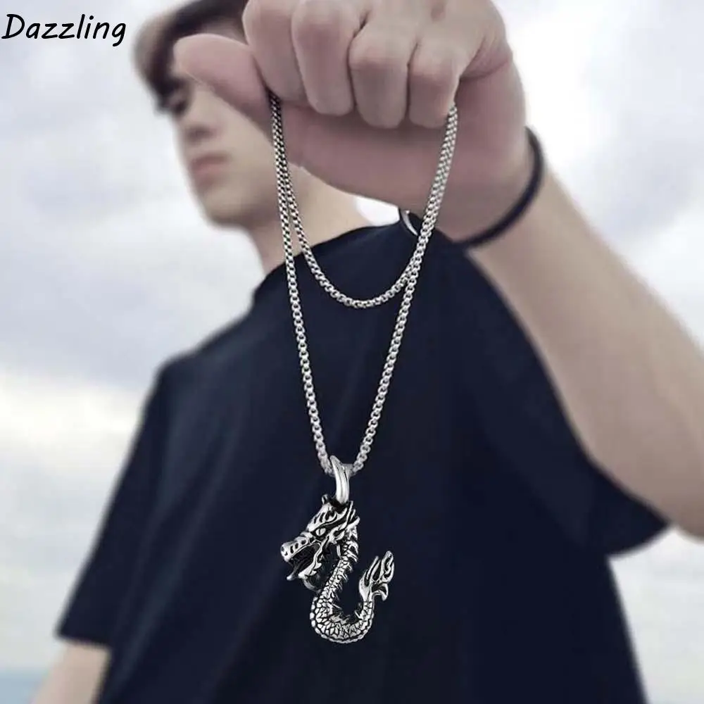 

Chinese Style Dragon Stainless Steel Dragon Necklace Sweater Chain Choker Dragon Pendant Jewelry Accessories Retro