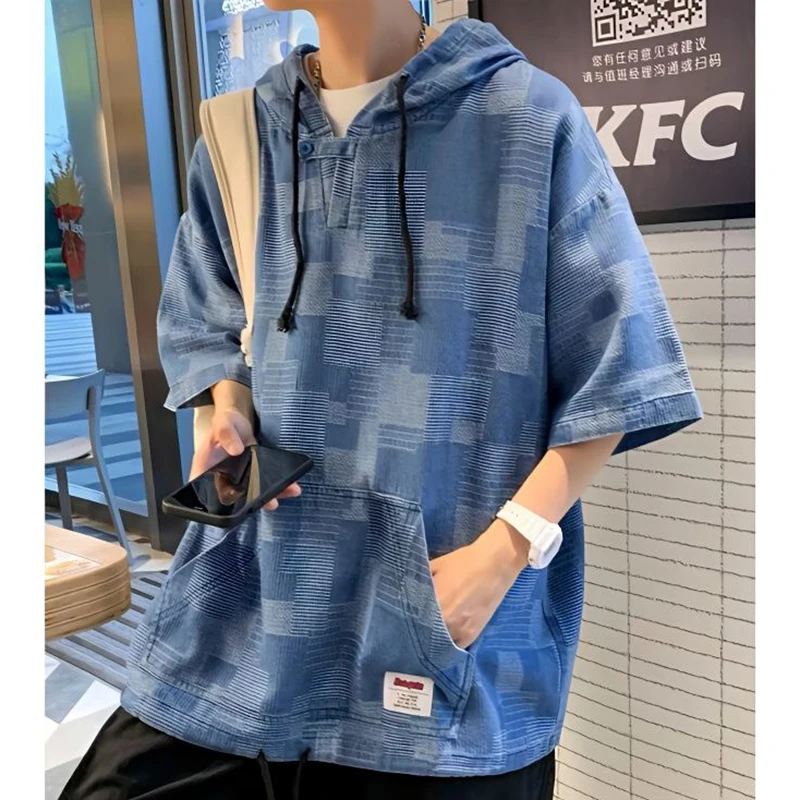 Fashion Spliced Pockets Printed Plaid Hooded T-Shirts Men's Clothing 2024 Summer New Loose Young Style Tops Casual Tee Shirt