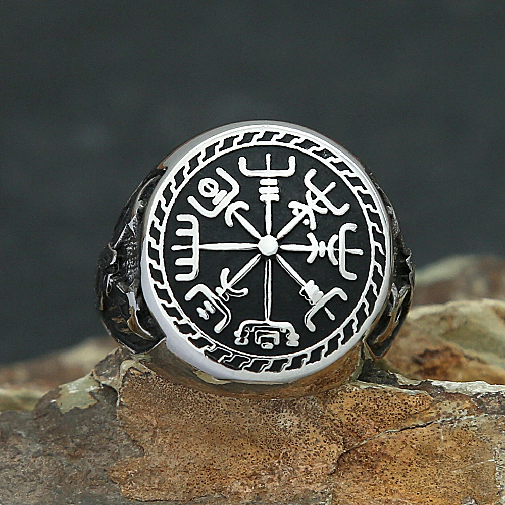 Vintage Stainless Steel Viking Compass Ring For Men Boys Nordic Viking Double Axe Rings Fashion Amulet Mythology Jewelry Gifts