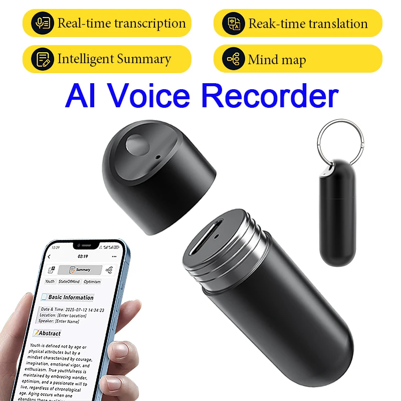 

Портативный AI-диктофон с шумоподавлением, интеллектуальным транскрибированием ChatGPT, переводом и управлением через приложение