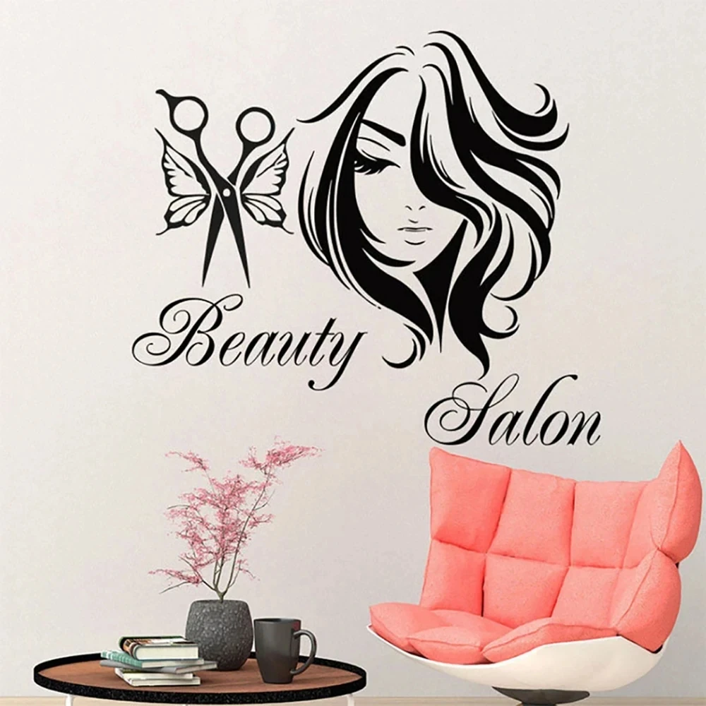 Creative Black Scissors Butterfly Hairdressing Salon Beauty Wall Sticker Living-room Barbershop Window Decor Decal Poster